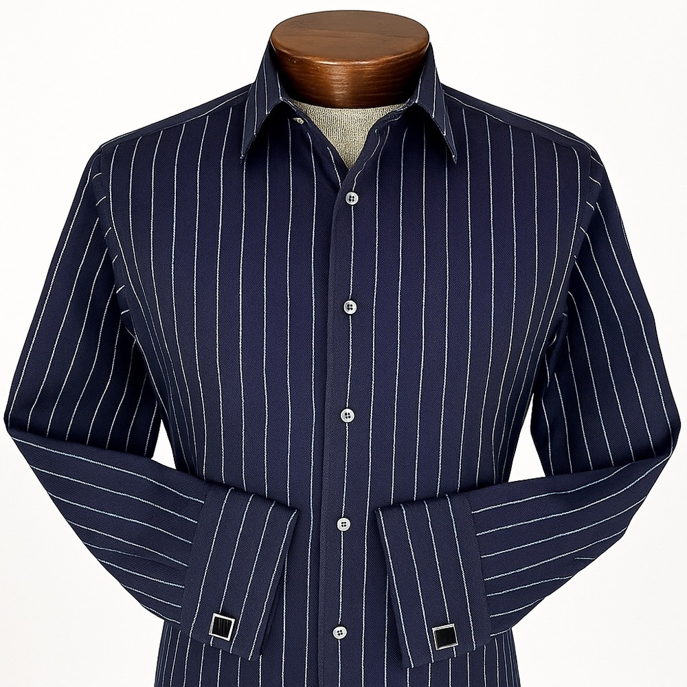 Sean John Fine Tailoring Navy Pinstripe French Cuff Dress Shirt L 16 32/33